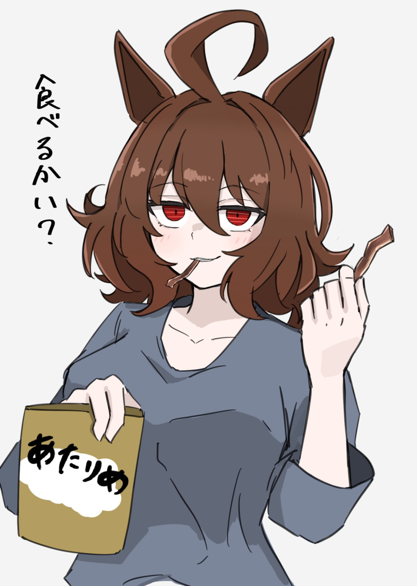 agnes_tachyon_(umamusume) ahoge alternate_costume animal_ears bag blush breasts brown_hair commentary_request female food food_in_mouth grey_shirt hair_between_eyes highres holding holding_bag holding_food horse_ears horse_girl jerky long_sleeves looking_at_viewer medium_breasts miya_nns35 red_eyes shirt simple_background smile solo umamusume upper_body white_background