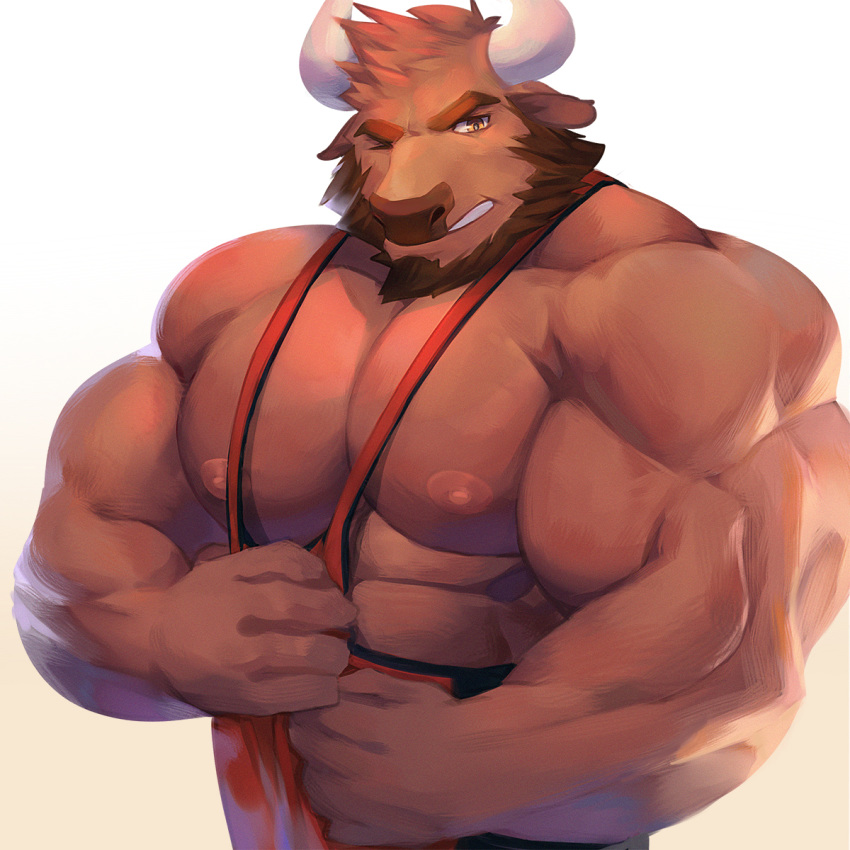 1:1 2019 anthro beard biceps bovid bovine bozi clothed clothing digital_media_(artwork) facial_hair fur hi_res horn male mammal muscular muscular_anthro muscular_male nipples pecs solo