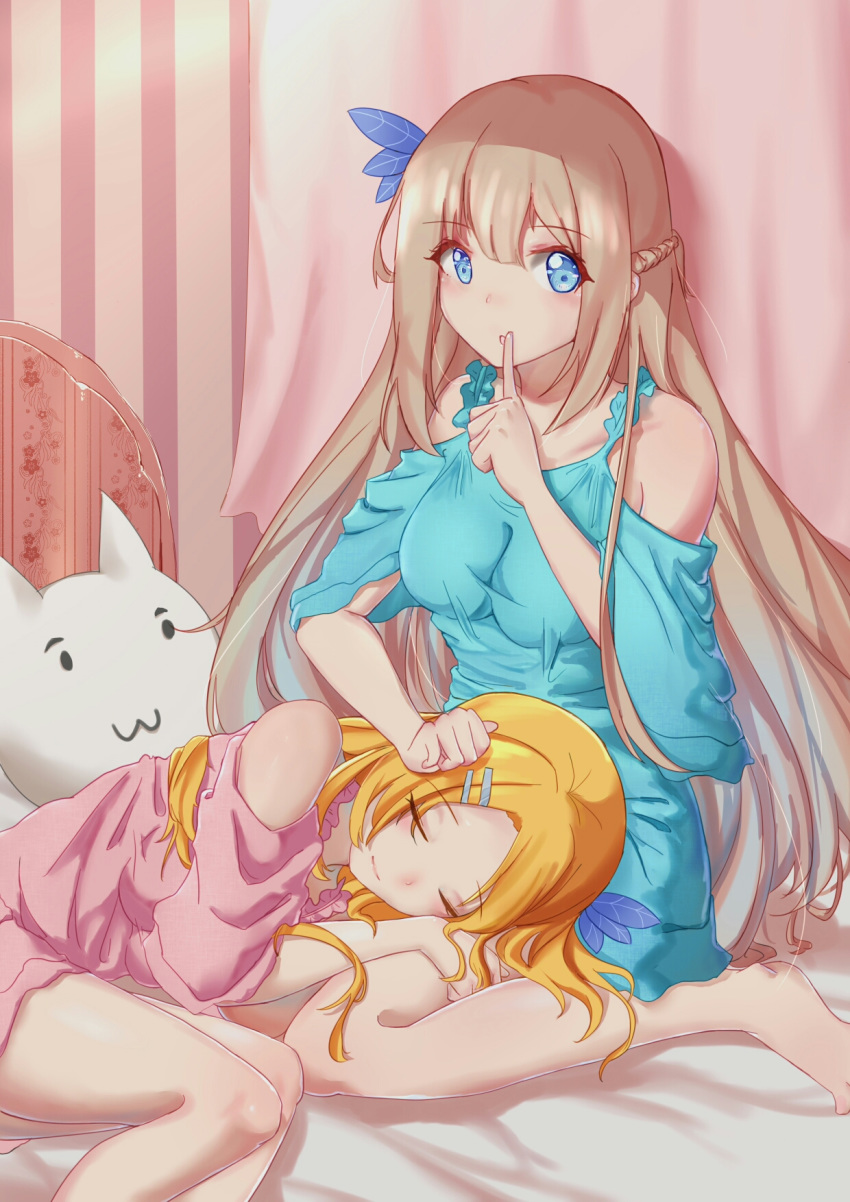 2girls animal-shaped_pillow barefoot bed blonde_hair blue_dress blue_eyes borrowed_character braid cv-3_(dejiajia) dress feather_hair_ornament feathers finger_to_mouth hair_ornament hairclip highres indoors lap_pillow lexington_(warship_girls_r) linglan_miao long_hair looking_at_viewer lying multiple_girls on_bed on_side pajamas saratoga_(warship_girls_r) sleeping striped very_long_hair warship_girls_r wide_sleeves