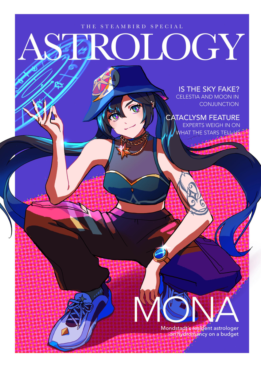 absurdres alternate_costume baggy_pants black_hair black_pants blue_eyes bracelet casual commentary contemporary cover english_commentary english_text female genshin_impact hair_between_eyes highres jewelry long_hair looking_at_viewer magazine_cover magic_circle midriff mona_(genshin_impact) necklace pants pocket queenieo shoes sidelocks sleeveless smile sneakers solo squatting tattoo twintails vision_(genshin_impact) visionary