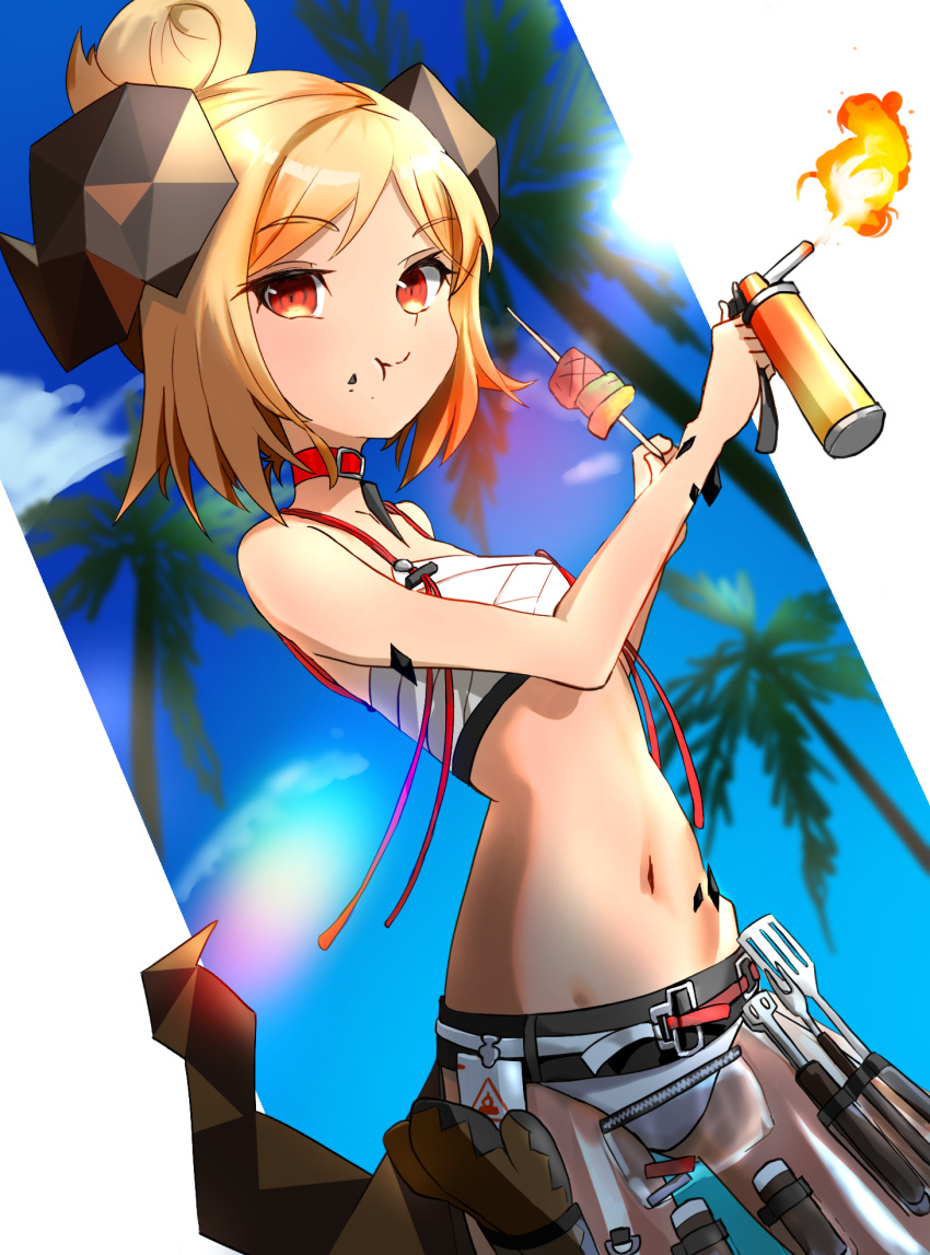 arknights bikini blonde_hair blowtorch chewing choker cloud commentary dutch_angle female fire flat_chest food food_on_face fork hair_bun highres holding horns ifrit_(arknights) ifrit_(sunburn)_(arknights) looking_at_viewer material_growth navel official_alternate_costume originium_(arknights) oripathy_lesion_(arknights) outdoors oven_mitts palm_tree see-through shirokuma1414 short_hair single_hair_bun skewer sky smile solo spatula standing stomach sunlight swimsuit tail tree white_bikini