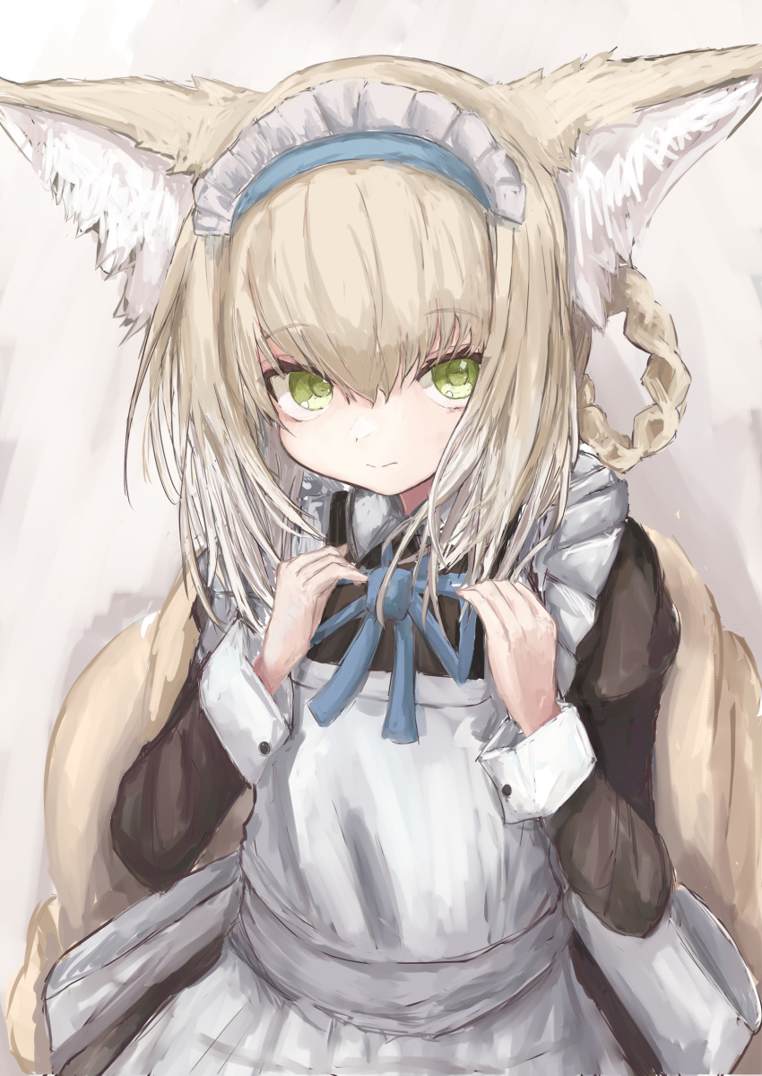 absurdres adjusting_neck_ribbon alternate_costume animal_ears arknights black_dress blonde_hair blue_hairband blue_ribbon braid dress enmaided female fox_ears fox_tail green_eyes grey_background hairband hands_up highres kitsune long_hair long_sleeves maid maid_headdress neck_ribbon piennamekuzi ribbon simple_background solo suzuran_(arknights) tail upper_body