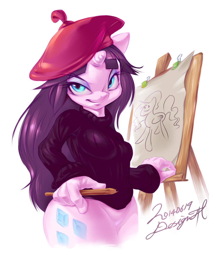 2014 alicorn anthro anthrofied beatnik beret blue_eyes breasts canvas clothing cutie_mark designjh equid equine eyeshadow female friendship_is_magic hasbro hat headgear headwear hi_res horn makeup mammal my_little_pony mythological_creature mythological_equine mythology pencil_(object) purple_eyeshadow rarity_(mlp) solo sweater topwear unicorn wings