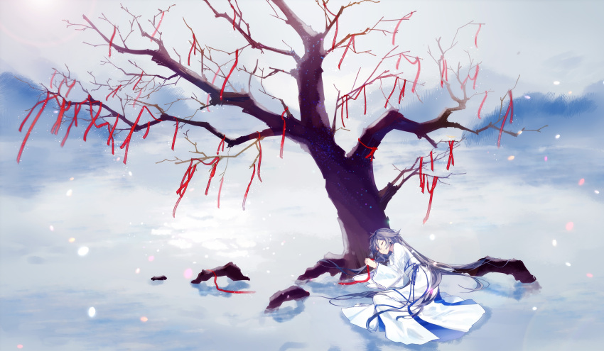 absurdres bangs bare_tree black_hair china_dress chinese_clothes closed_eyes closed_mouth dress female fu_hua full_body hair_between_eyes highres honkai_(series) honkai_impact_3rd long_hair lying mountain mountainous_horizon on_side outdoors outstretched_arms qqqne sleeping snow snowing solo tree white_dress white_sky