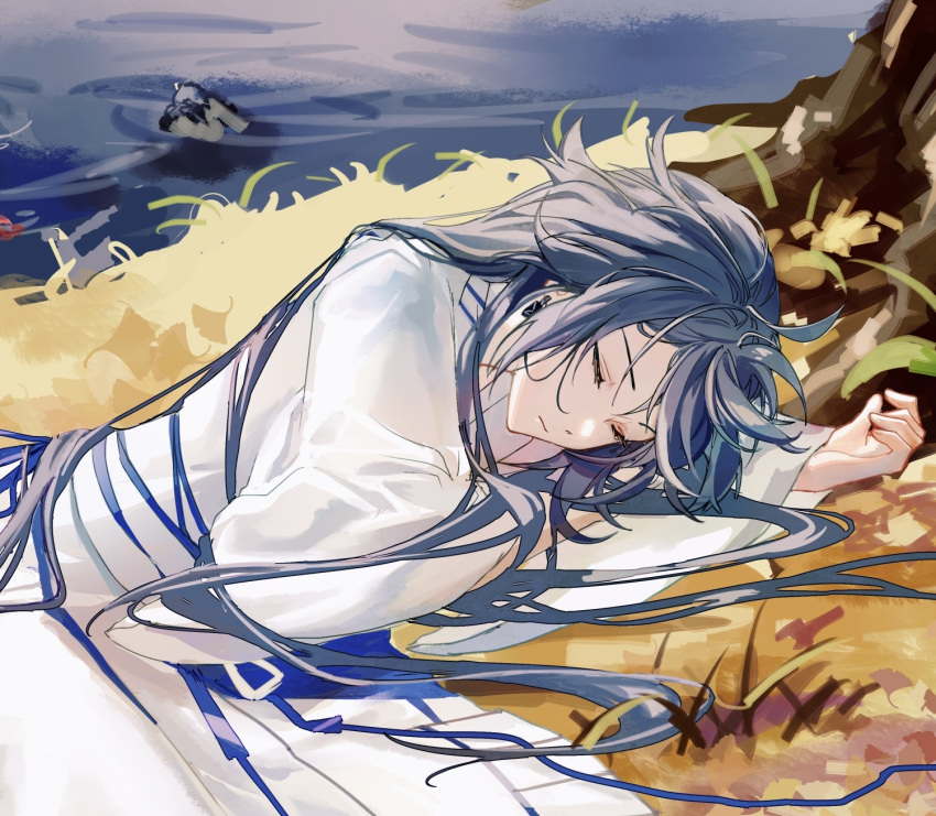 bangs black_hair chinese_clothes closed_eyes closed_mouth earrings female fu_hua grass hair_between_eyes highres honkai_(series) honkai_impact_3rd jewelry long_hair lying ocean on_side outdoors qqqne shirt sleeping solo white_shirt