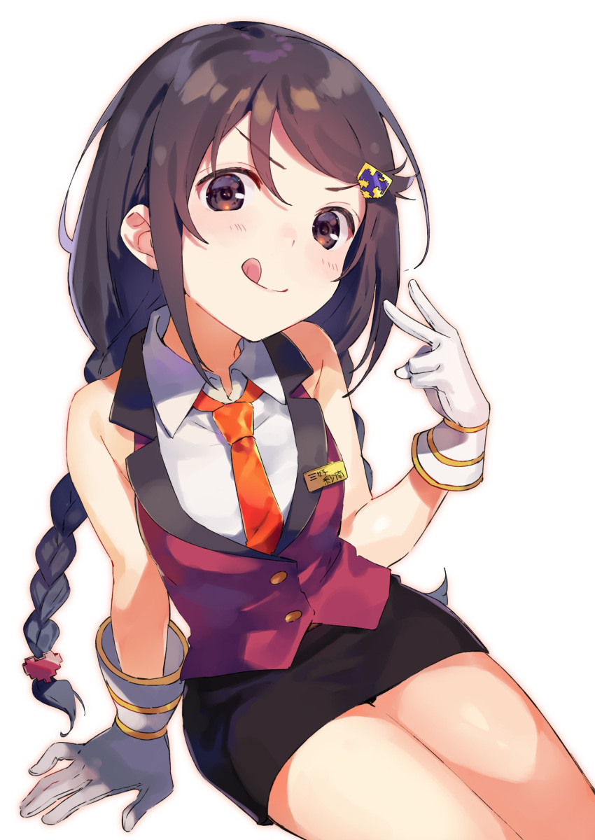 :q absurdres arm_support bare_shoulders black_hair blush braid brown_eyes collared_shirt cowboy_shot female gloves gold_trim hair_ornament hairclip heart highres idolmaster idolmaster_cinderella_girls jacket long_hair looking_at_viewer miyoshi_sana name_tag necktie pencil_skirt royale_style_(idolmaster) shirt simple_background sitting skirt sleeveless smile solo tongue tongue_out twin_braids v v-shaped_eyebrows white_background yumesaki_nana