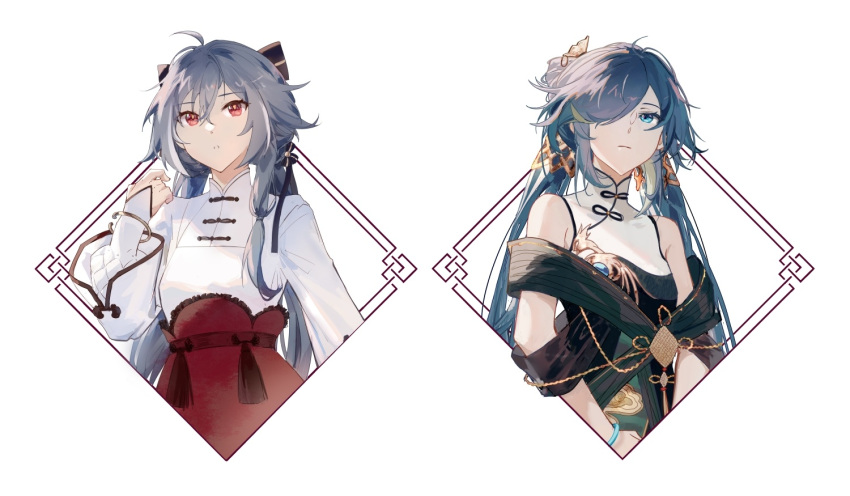 2girls bangs black_hair blue_eyes china_dress chinese_clothes closed_mouth dress fu_hua fu_hua_(azure_empyrea) fu_hua_(herrscher_of_sentience) hair_between_eyes hair_ornament hair_over_one_eye hair_ribbon honkai_(series) honkai_impact_3rd long_hair long_sleeves looking_at_viewer multiple_girls qqqne ribbon simple_background sleeveless sleeveless_dress white_background