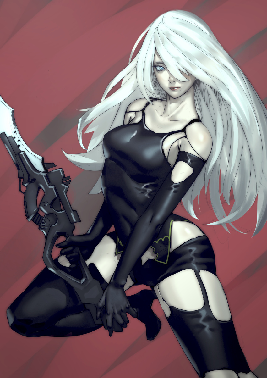 a2_(nier:automata) absurdres android armlet bare_shoulders black_gloves black_shorts black_tank_top blue_eyes boots commentary_request elbow_gloves female gloves hair_over_one_eye high_heel_boots high_heels highres holding holding_weapon joints long_hair mole mole_under_mouth nier:automata nier_(series) pale_skin red_background robot_joints shorts solo sword tank_top thinker_0616 type-4o_sword weapon white_hair