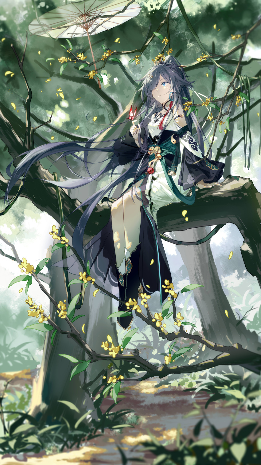 absurdres bangs black_footwear black_hair blue_eyes boots branch bug butterfly chinese_clothes closed_mouth earrings female fu_hua fu_hua_(azure_empyrea) full_body grass hair_ornament hair_over_one_eye highres honkai_(series) honkai_impact_3rd in_tree jewelry leaf long_hair long_sleeves oil-paper_umbrella outdoors ponytail qqqne red_butterfly sitting sitting_in_tree solo tree umbrella