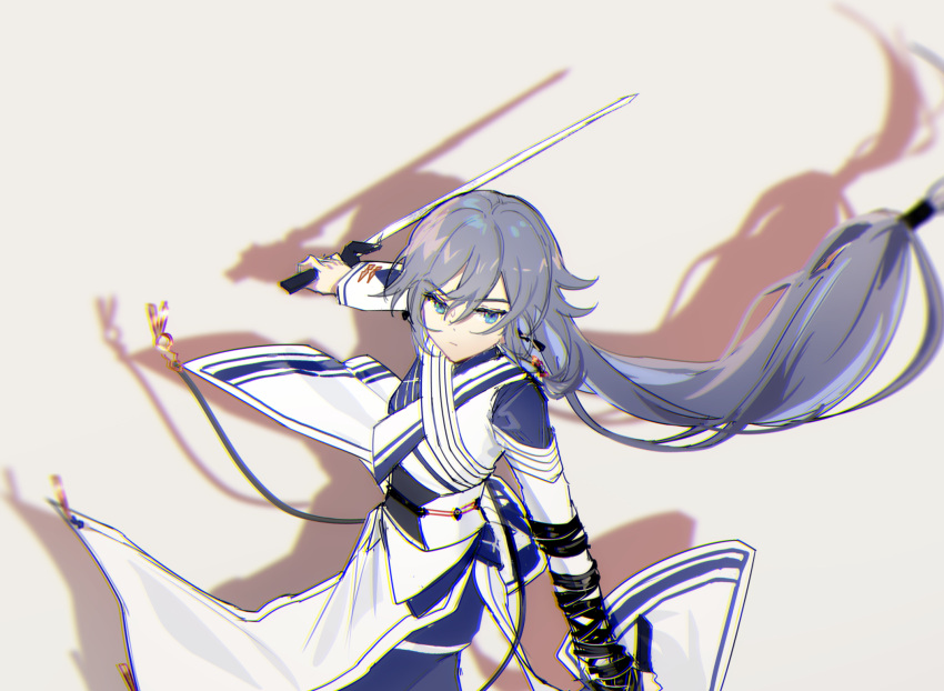 bangs beige_background black_hair blue_eyes chinese_clothes closed_mouth female fu_hua fu_hua_(azure_empyrea) hair_between_eyes highres holding holding_sword holding_weapon honkai_(series) honkai_impact_3rd long_hair long_sleeves looking_at_viewer ponytail qqqne shadow simple_background solo sword weapon