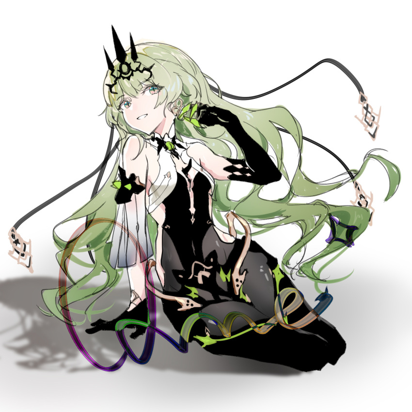 artist_name asymmetrical_gloves bangs black_dress black_gloves breasts claw_ring cleavage dress female full_body gloves green_eyes green_hair grin hair_between_eyes headpiece highres honkai_(series) honkai_impact_3rd long_hair mobius_(honkai_impact) open_mouth qqqne seiza shadow simple_background sitting sleeveless sleeveless_dress smile solo teeth uneven_gloves white_background