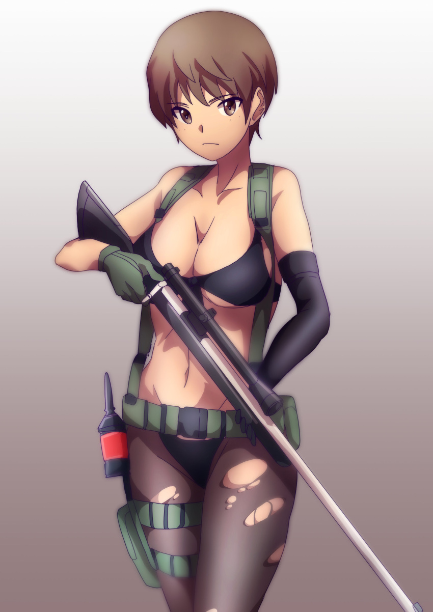 9s0ykoyama117 absurdres asymmetrical_gloves bare_shoulders belt bikini black_bikini black_gloves bolt_action breasts brown_eyes brown_hair cleavage closed_mouth commentary cosplay cowboy_shot elbow_gloves female freckles frown girls_und_panzer gloves gradient_background green_gloves grey_background gun harness highres holding holding_gun holding_weapon large_breasts looking_at_viewer metal_gear_(series) metal_gear_solid_v:_the_phantom_pain mismatched_gloves naomi_(girls_und_panzer) navel pantyhose quiet_(metal_gear) quiet_(metal_gear)_(cosplay) rifle scope short_hair sniper_rifle solo standing stomach swimsuit thigh_strap torn_clothes torn_pantyhose utility_belt very_short_hair weapon