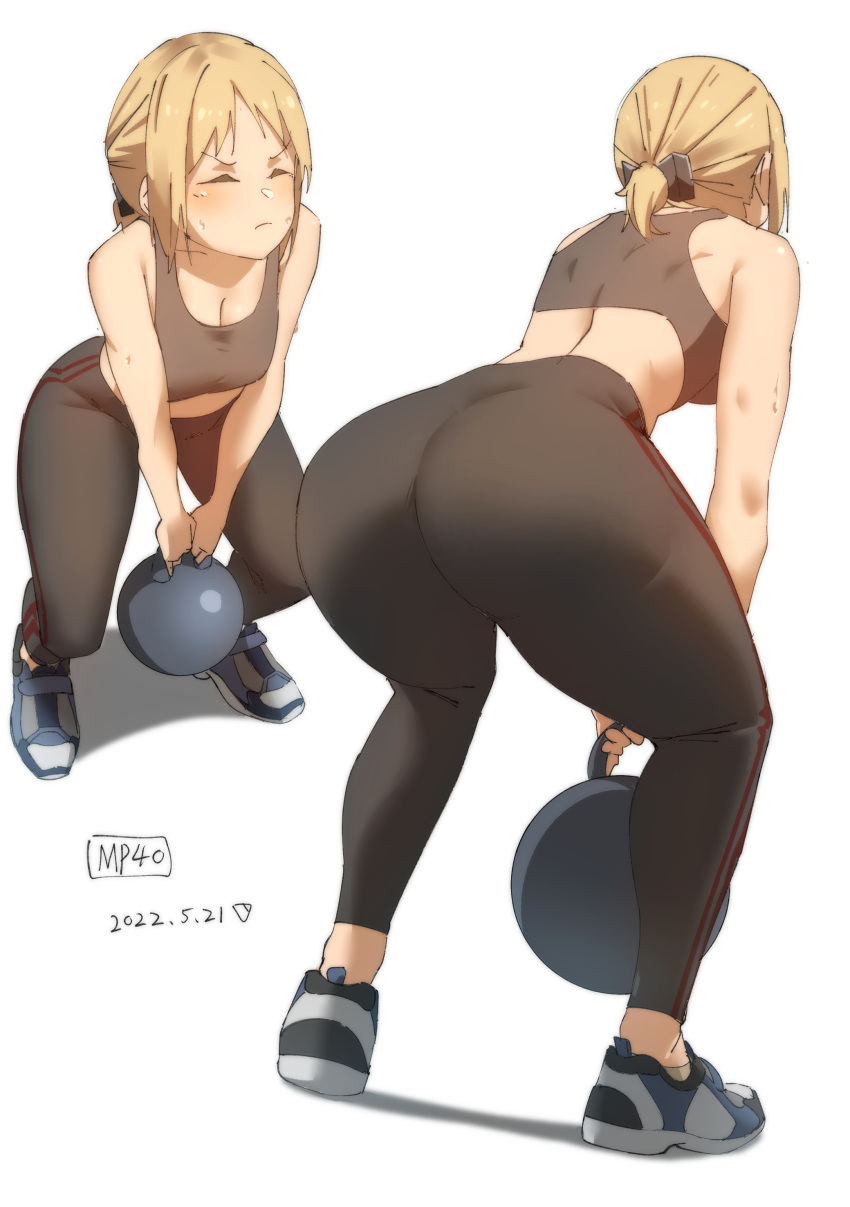 absurdres ass bare_arms black_sports_bra blonde_hair breasts cleavage closed_eyes closed_mouth commission commissioner_upload dated exercising female girls'_frontline highres kettlebell leggings medium_breasts midriff mp40_(girls'_frontline) multiple_views pixiv_commission shoes short_hair short_ponytail simple_background sneakers sports_bra sportswear squatting standing sweat triangle_bullet weightlifting white_background