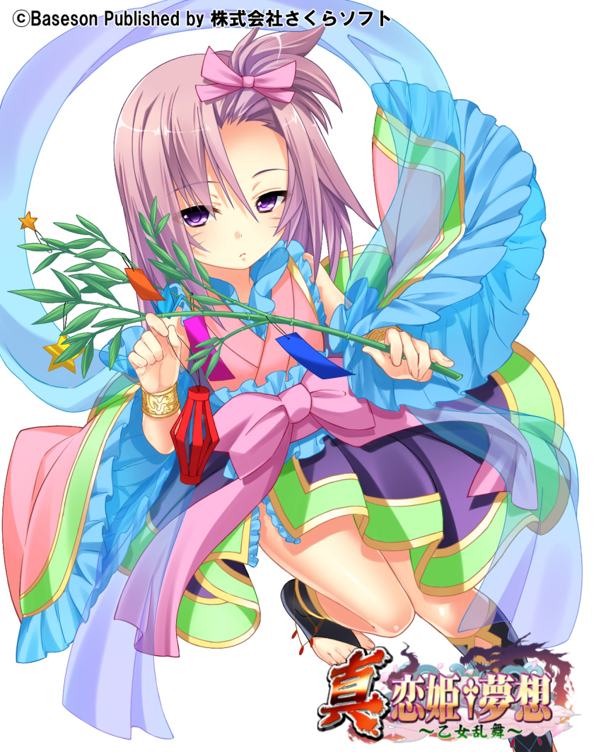 bamboo black_socks bow branch company_name copyright_name detached_sleeves facial_mark feet_out_of_frame female forehead frilled_sleeves frills hagoromo hairbow highres holding holding_branch japanese_clothes jokou kimono kneehighs knees_together_feet_apart koihime_musou long_hair natsusemi obi official_art pink_bow pink_hair pink_kimono purple_eyes purple_kimono ribbon sash see-through shawl side_ponytail simple_background socks solo star_(symbol) tanabata tanzaku toeless_legwear toes white_background wide_sleeves