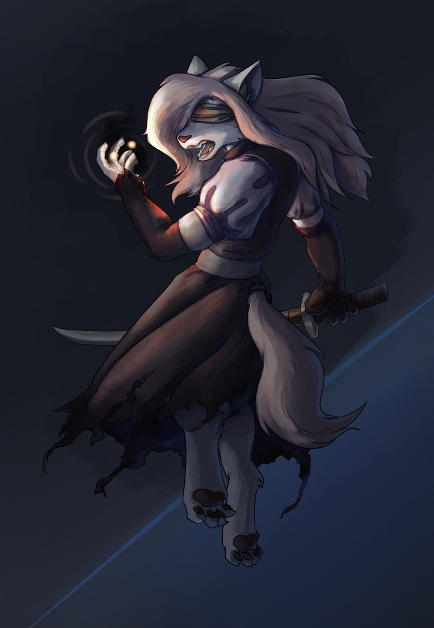 anthro blindfold canid canine clothing cosplay dead_by_daylight dress female floating fox hi_res katana mammal melee_weapon nurse_(dead_by_daylight) revertigo simple_background solo sword weapon