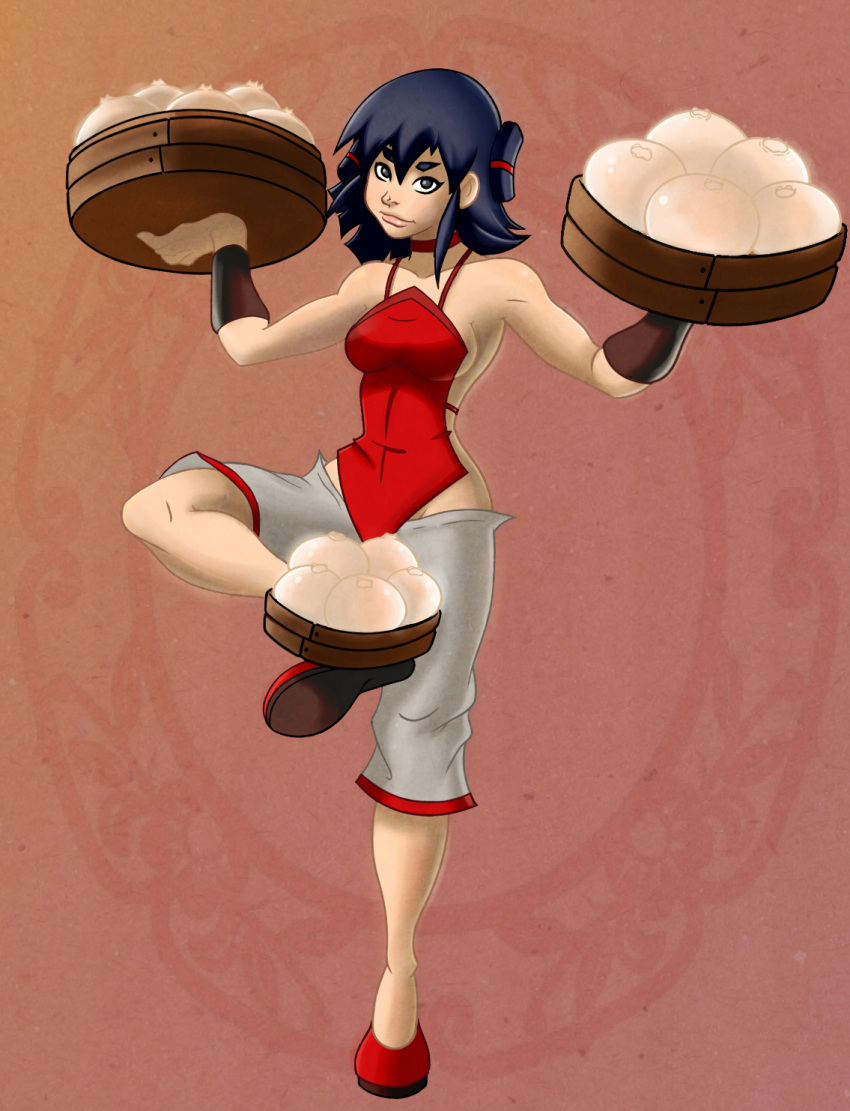 armband balancing baozi bare_back bare_shoulders basket black_eyes black_hairband breasts brown_background chinese_clothes chinese_food choker collarbone commentary digitalrum dudou english_commentary female food groin hair_between_eyes hair_tie hairband halterneck highres holding_with_feet kung_fu_cooking_girls lips looking_at_viewer lowleg lowleg_pants medium_breasts muscular muscular_female pants red_choker red_footwear red_shirt shirt short_eyebrows short_hair sideboob solo standing standing_on_one_leg thick_eyebrows upturned_eyes white_pants xiao_shao_(kung_fu_cooking_girls)