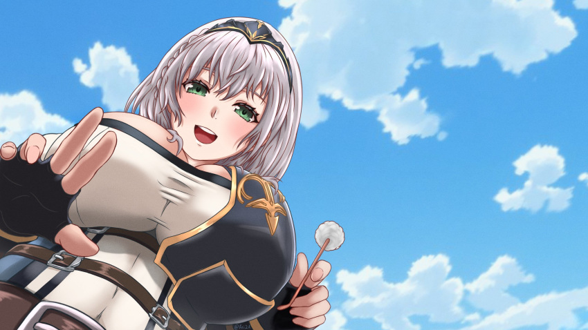 armor belt belt_buckle black_armor black_gloves blue_sky braid breasts buckle circlet cleavage cleavage_cutout clothing_cutout cloud commentary_request day female fingerless_gloves from_below gloves gold_trim green_eyes grey_hair hair_between_eyes highres hololive huge_breasts kei2b lap_pov looking_at_viewer medium_hair mimikaki open_mouth outdoors shirogane_noel shirogane_noel_(1st_costume) side_braid sky solo taut_clothes teeth upper_teeth_only virtual_youtuber wavy_hair