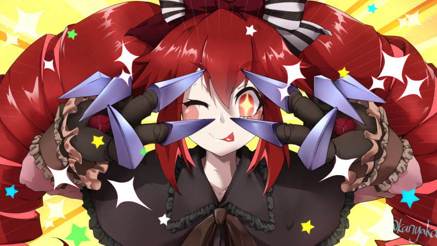 +_+ blush_stickers bow capelet claw_(weapon) claws doll_joints double_v drill_hair emotional_engine_-_full_drive fate/grand_order fate_(series) female frills hairbow hakuu_kanaka joints long_hair long_sleeves micha_jawkan multicolored_hair multiple_hair_bows one_eye_closed pink_hair pink_shirt red_bow red_eyes red_hair senki_zesshou_symphogear sharp_teeth shirt smile solo sparkle star_(symbol) striped_bow teeth tongue tongue_out twin_drills two-tone_hair upper_body v very_long_hair weapon