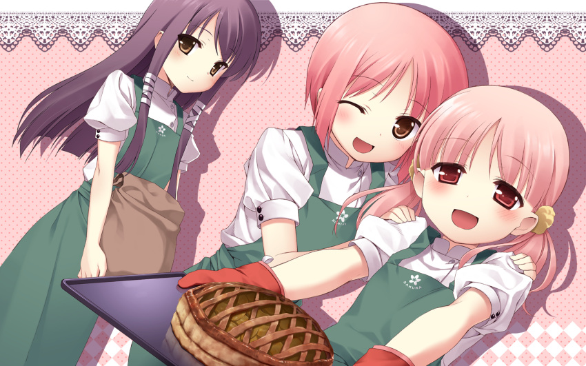 3girls :d akino_momiji apron food highres ichikura_(bk) kiriyama_sakura looking_at_viewer multiple_girls one_eye_closed open_mouth oven_mitts pie pink_hair red_eyes sakura_musubi sera_karen short_hair smile tray twintails