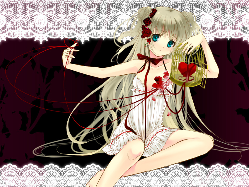 barefoot blue_eyes dress flowers gray_hair heart hisaba_iori long_hair ribbons