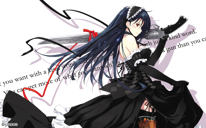 ar_forgotten_summer arm_garter artist_request back bare_shoulders black_gloves blue_hair blush breasts candy choker cowboy_shot cross-laced_clothes diamond_(shape) dress elbow_gloves english_text female food frilled_dress frills from_side garter_straps gloves gothic_lolita gun gunblade hairband handgun highres holding holster knife lolita_fashion lolita_hairband lollipop long_hair looking_at_viewer medes medium_breasts official_art official_wallpaper over_shoulder profile red_eyes revolver ribbon shadow sheath sheathed side_slit sideboob simple_background skirt_hold smirk solo standing thigh_holster very_long_hair watermark weapon white_background