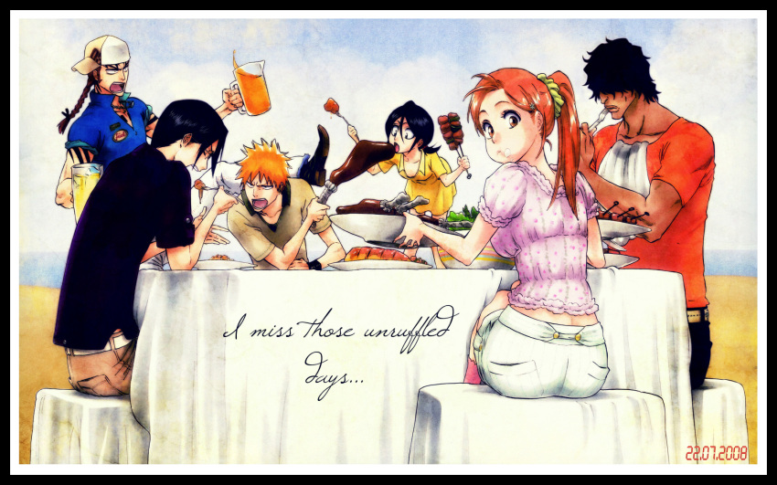 abarai_renji black_eyes black_hair bleach braids brown_eyes brown_hair food glasses group hat inoue_orihime ishida_uryuu kubo_tite kuchiki_rukia kurosaki_ichigo long_hair orange_hair ponytail red_hair ribbons short_hair shorts yasutora_sado