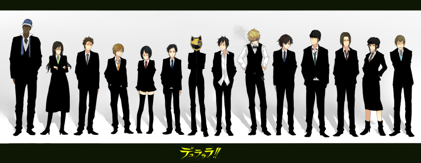 4girls 6+boys animal_helmet black_hair black_legwear blonde_hair bow bowtie brown_hair celty_sturluson cigarette commentary_request durarara!! everyone formal ghost_in_the_shell ghost_in_the_shell_lineup ghost_in_the_shell_stand_alone_complex glasses hat heiwajima_shizuo helmet highres kadota_kyouhei karisawa_erika kida_masaomi kishitani_shinra letterboxed lineup long_hair multiple_boys multiple_girls necktie orihara_izaya pantyhose parody ryuugamine_mikado short_hair simon_brezhnev skirt smile smoke smoking sonohara_anri suit sunglasses thighhighs togusa_saburou traditional_bowtie tsuyuxxx vest yagiri_namie yagiri_seiji yumasaki_walker zettai_ryouiki