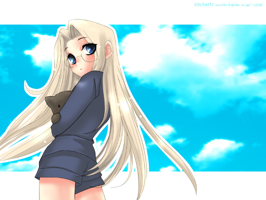 blonde_hair blue_eyes blush glasses hellsing integra integra_wingates_hellsing long_hair shorts