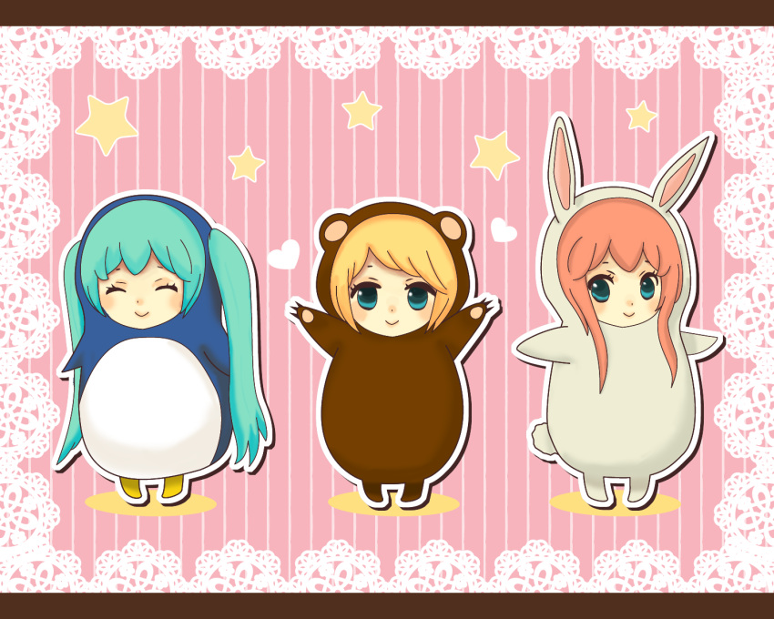 3girls :d ^_^ animal_costume arms_up bear_costume betete closed_eyes commentary_request hatsune_miku highres kagamine_rin letterboxed long_hair looking_at_viewer megurine_luka multiple_girls open_mouth outstretched_arms rabbit_costume sidelocks simple_background smile standing striped striped_background twintails very_long_hair vocaloid