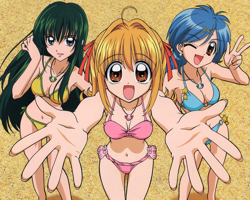 artist_request bikini houshou_hanon jpeg_artifacts mermaid_melody_pichi_pichi_pitch multiple_girls nanami_lucia swimsuit touin_rina wallpaper