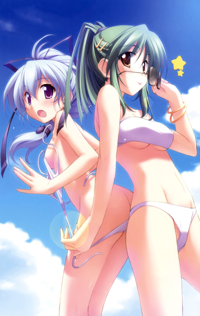 :o :p assisted_exposure bikini bikini_pull brown_eyes canvas_2 cloud day eyewear_removed fujinami_tomoko green_hair hair_ornament hairclip highres kurashima_tomoyasu multiple_girls open_mouth ponytail pulled_by_another purple_eyes purple_hair sky sunglasses swimsuit takeuchi_mami tears tongue tongue_out untied untied_bikini