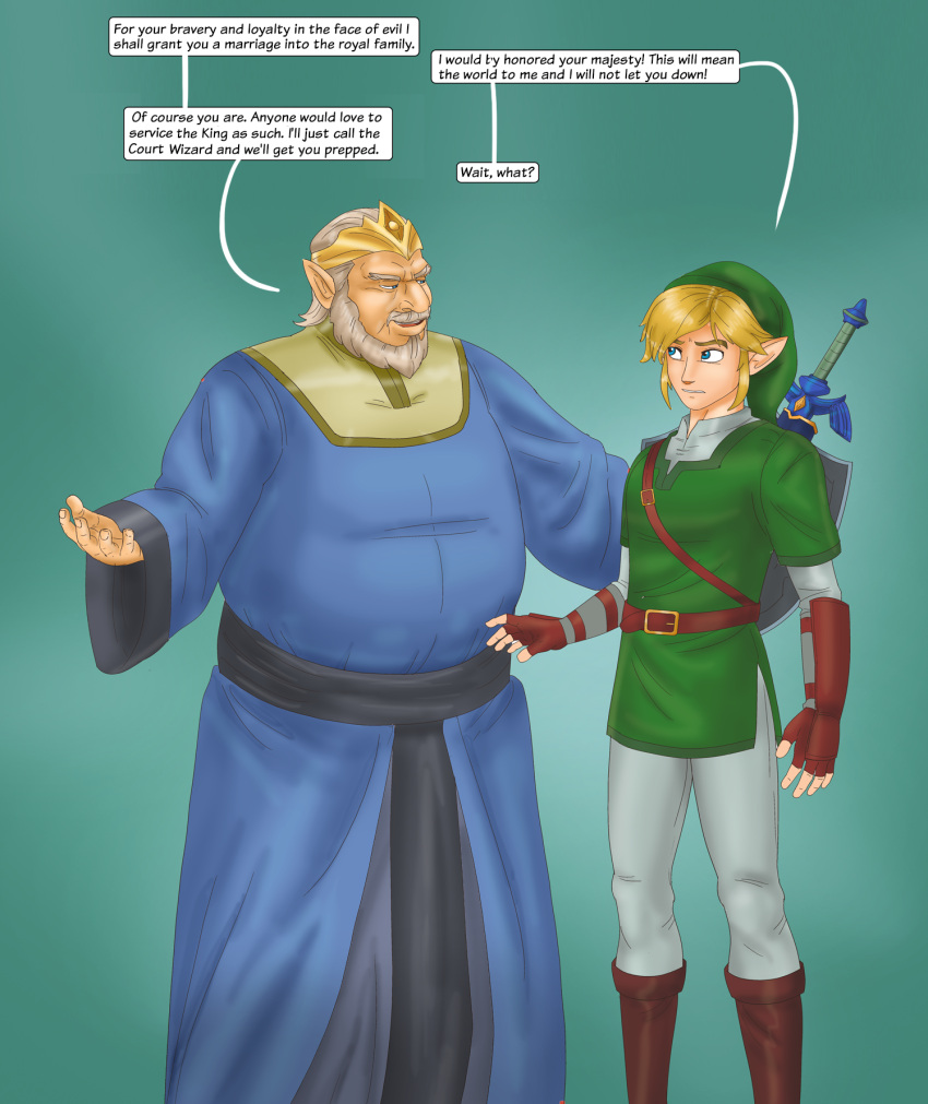 2boys blonde_hair conversation dialogue gender_transformation genderswap king_of_hyrule_(ocarina_of_time) link nintendo saturnxart speech_bubble sword the_legend_of_zelda