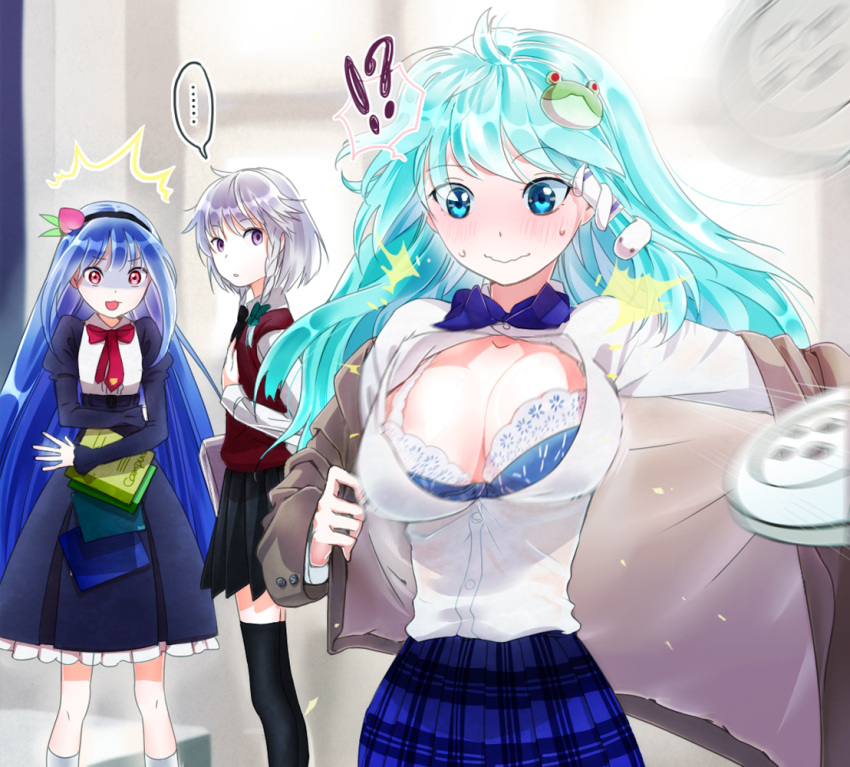 !? 3girls :3 alternate_costume aqua_eyes aqua_hair bad_id bad_pixiv_id black_legwear blue_bra blue_hair blush bow bra braid breast_envy breasts bursting_breasts buttons cleavage contemporary flying_button food frog fruit grey_hair hair_ornament hairband hairbow hinanawi_tenshi inconvenient_breasts izayoi_sakuya kochiya_sanae large_breasts lingerie motion_blur multiple_girls peach plaid plaid_skirt popped_button red_eyes school_uniform skirt snake thighhighs touhou turn_pale twin_braids underwear wardrobe_malfunction yamada_ranga