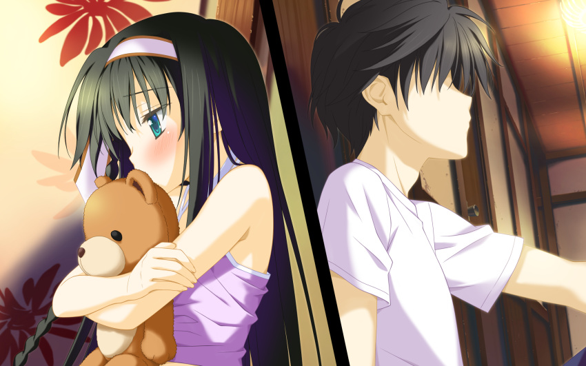 black_hair blush kisaragi_mio shida_kazuhiro teddy_bear