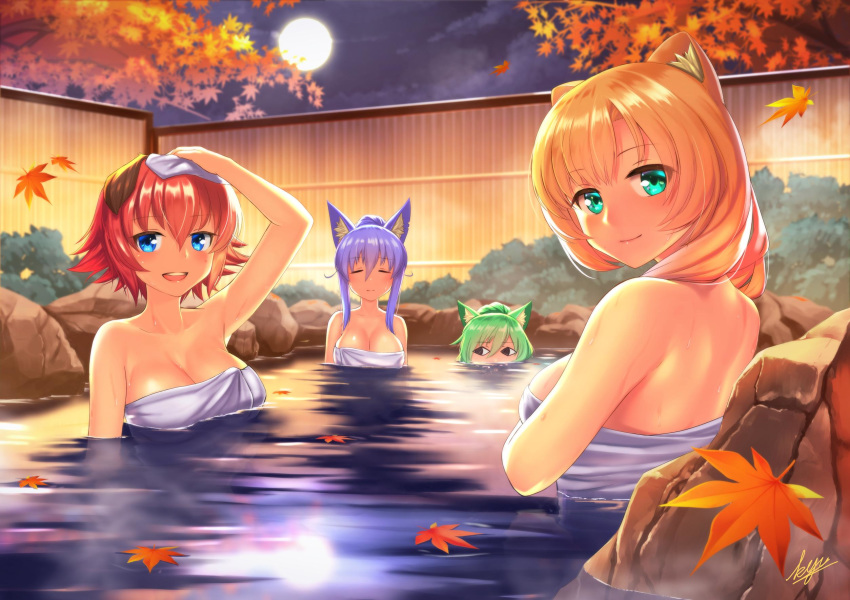 <o>_<o> 4girls akizora_yuzu animal_ear_fluff animal_ears autumn_leaves back bathing blonde_hair breast_envy breasts cat_ears cat_girl cleavage closed_eyes closed_mouth commentary_request dog_ears dog_girl fox_ears fox_girl full_moon fuyubare_kiyo green_eyes green_hair hair_between_eyes hair_up harukaze_sui highres kyu_(wein-seria) large_breasts long_hair looking_at_another looking_at_viewer looking_back moon multiple_girls naked_towel natsubi_aya night onsen open_mouth original outdoors purple_hair raccoon_ears raccoon_girl red_hair rock same-sex_bathing shared_bathing short_hair smile steam towel towel_on_head water wet