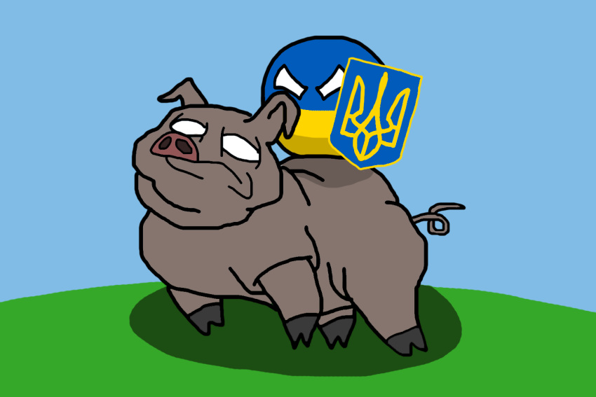 ambiguous_gender blue_background blue_body brown_body coat_of_arms countryballs domestic_pig duo feral green_background huanguangchen mammal politics riding_on_back shield simple_background snout sphere_creature suid suina sus_(pig) ukraine white_eyes yellow_body