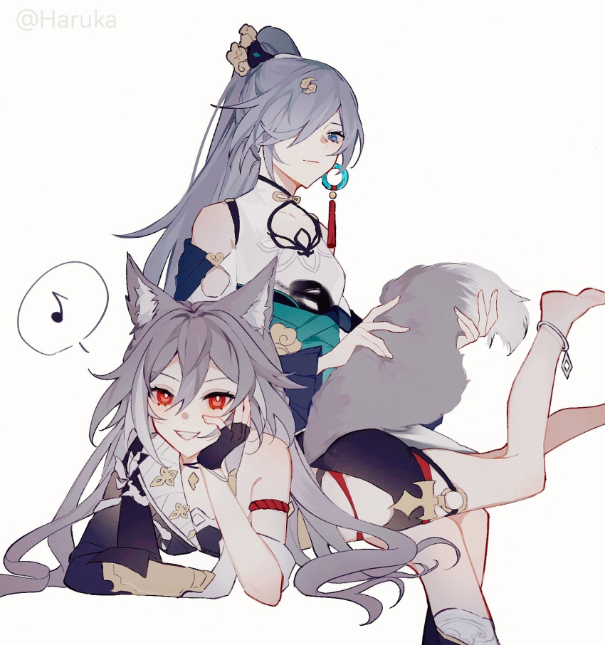 2girls animal_ears blue_eyes blush chinese_clothes closed_mouth dual_persona fu_hua fu_hua_(azure_empyrea) fu_hua_(herrscher_of_sentience) grey_hair haruka_(rsyaooooo) high_ponytail highres honkai_(series) honkai_impact_3rd multiple_girls red_eyes smile tail teeth white_background wolf_ears wolf_girl wolf_tail