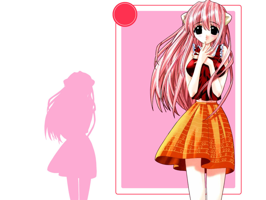 bare_shoulders black_eyes elfen_lied female hand_on_own_chest hand_on_own_face highres horns long_hair lucy_(elfen_lied) midriff_peek nyuu official_art okamoto_lynn photoshop_(medium) pink_hair red_shirt shirt silhouette skirt