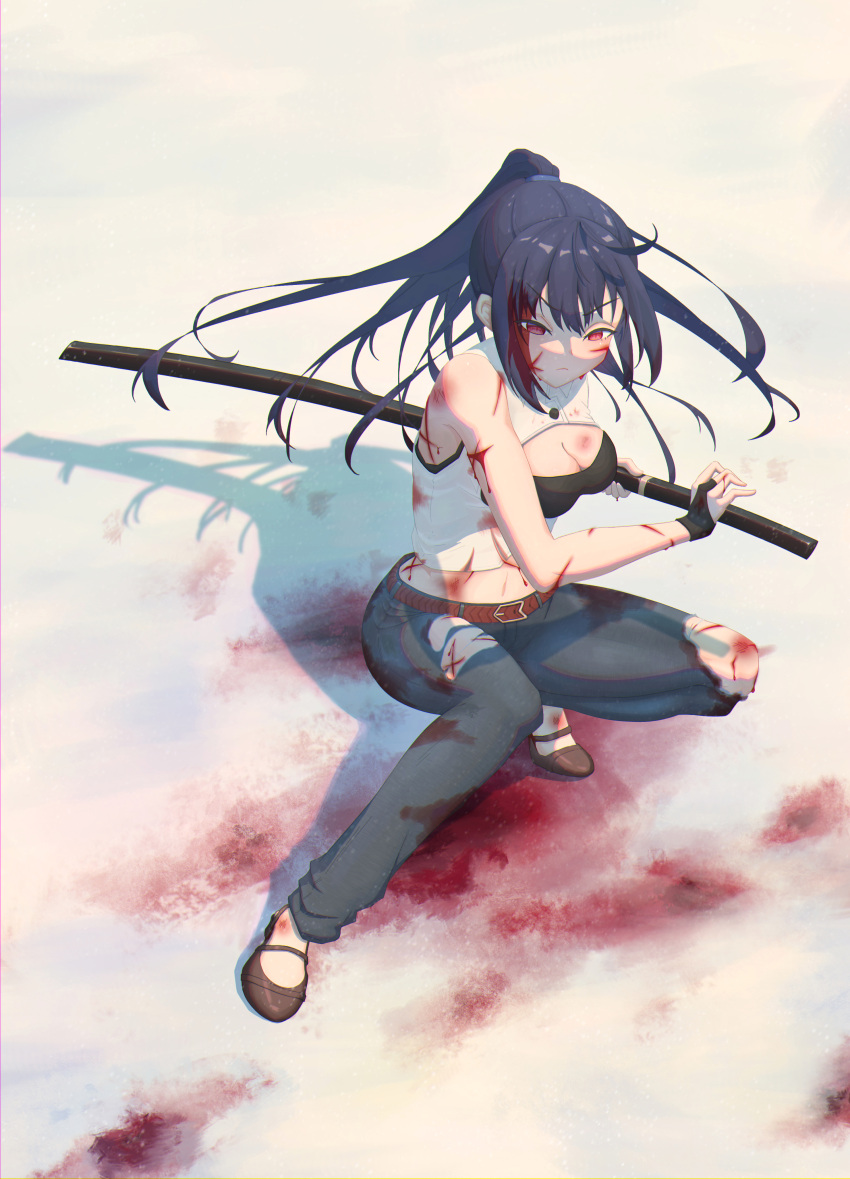 1140482502 absurdres arifureta_shokugyou_de_sekai_saikyou belt black_gloves black_hair black_shirt blood blood_in_hair blood_on_face blood_splatter breastless_clothes breasts bridal_gauntlets brown_belt brown_footwear cleavage crop_top cuts female fighting_stance full_body gloves grey_pants highres holding holding_sword holding_weapon injury katana looking_ahead mary_janes pants ponytail ready_to_draw red_eyes sheath sheathed shirt shoes sleeveless sleeveless_shirt solo squatting sword torn_clothes torn_pants v-shaped_eyebrows weapon white_shirt yaegashi_shizuku