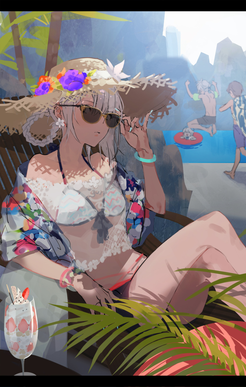 3boys adjusting_eyewear aqua_nails aqua_wristband arms_up bad_id bad_pixiv_id bare_shoulders bikini black_pants braid breasts commentary crossed_legs day drinking_straw earrings feet_out_of_frame female flower flower_earrings food fruit halterneck hat highres ice_cream jewelry jumping kaine_(nier) letterboxed looking_at_viewer multicolored_towel multiple_boys nier nier_(series) ocean otuming outdoors pants parted_lips purple_pants red_wristband shadow short_hair sitting small_breasts smile solo_focus standing straw_hat strawberry sun_hat sunglasses swimsuit towel towel_around_neck water white_hair wristband