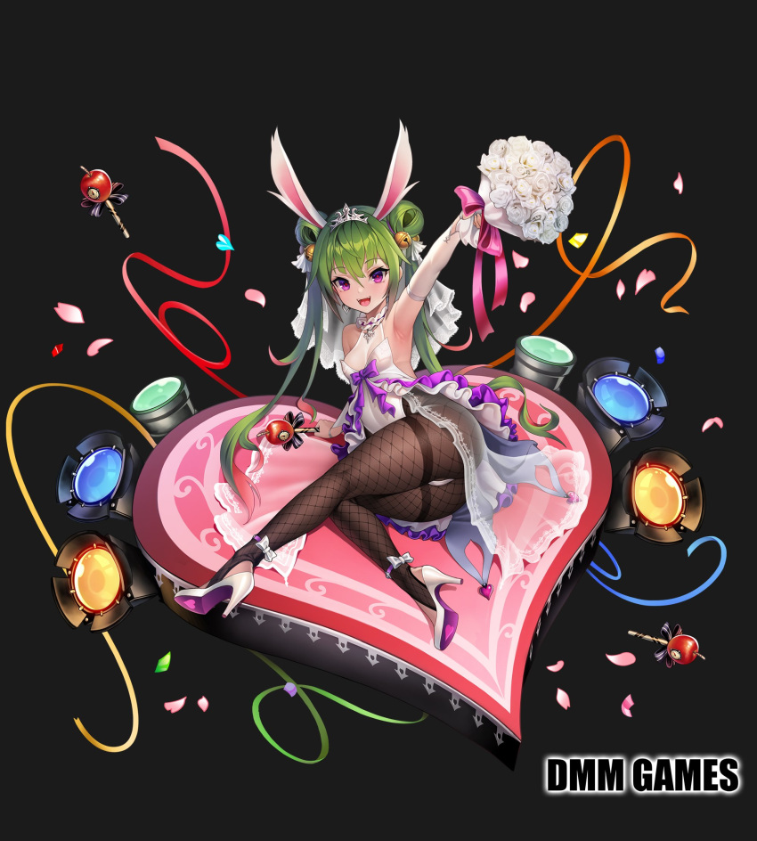 animal_ears ankle_ribbon arm_up armpits ass bad_id bad_twitter_id bell black_background black_pantyhose bouquet bow breasts bridal_gauntlets bridal_veil ceres_silvestre crown double_bun earrings female fishnet_pantyhose fishnets flower full_body gloves green_hair grimgrim hair_bell hair_bun hair_ornament high_heels highleg highleg_leotard highres iolite_link jewelry leg_ribbon leotard long_hair looking_at_viewer official_art open_mouth pantyhose purple_eyes rabbit_ears red_pupils ribbon simple_background single_earring sleeveless small_breasts smile solo thighs toeless_legwear twintails veil white_gloves white_leotard