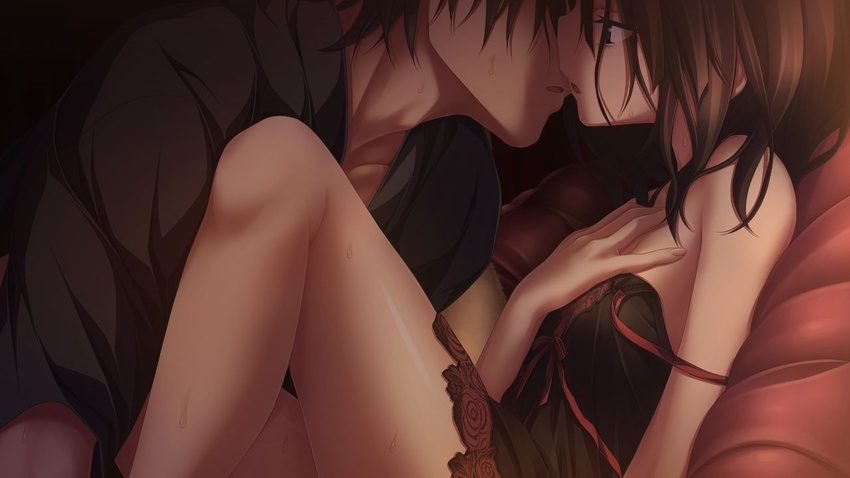 1boy amatsutsumi black_dress black_shirt brown_eyes brown_hair couple dress female from_side game_cg imminent_kiss long_hair minazuki_hotaru_(amatsutsumi) nightgown open_mouth pillow profile red_ribbon ribbon shiny shiny_hair shiny_skin shirt short_dress sleeveless sleeveless_dress spaghetti_strap straight strap_slip tsukimori_hiro