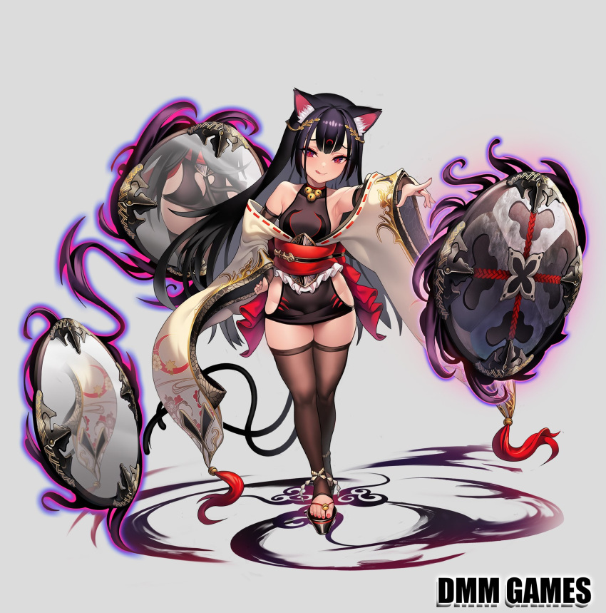 animal_ears arm_up armpits ass ass_cutout back_bow bad_id bad_twitter_id bell black_dress black_gloves black_hair black_thighhighs bow bridal_gauntlets cat_ears cat_girl cat_tail closed_mouth clothing_cutout detached_sleeves dress female flat_chest full_body furisode furrowed_brow geta gloves grey_background grimgrim hair_ornament half-closed_eyes hand_on_own_hip highres iolite_link izuna_nigimitama japanese_clothes kimono long_hair looking_at_viewer mirror mirror_image nail_polish neck_bell obi official_art purple_eyes red_pupils sash short_dress simple_background sleeveless sleeveless_dress smile solo standing tail taut_clothes taut_dress thighhighs thighs toeless_legwear toenail_polish toenails tongue tongue_out wide_sleeves zettai_ryouiki