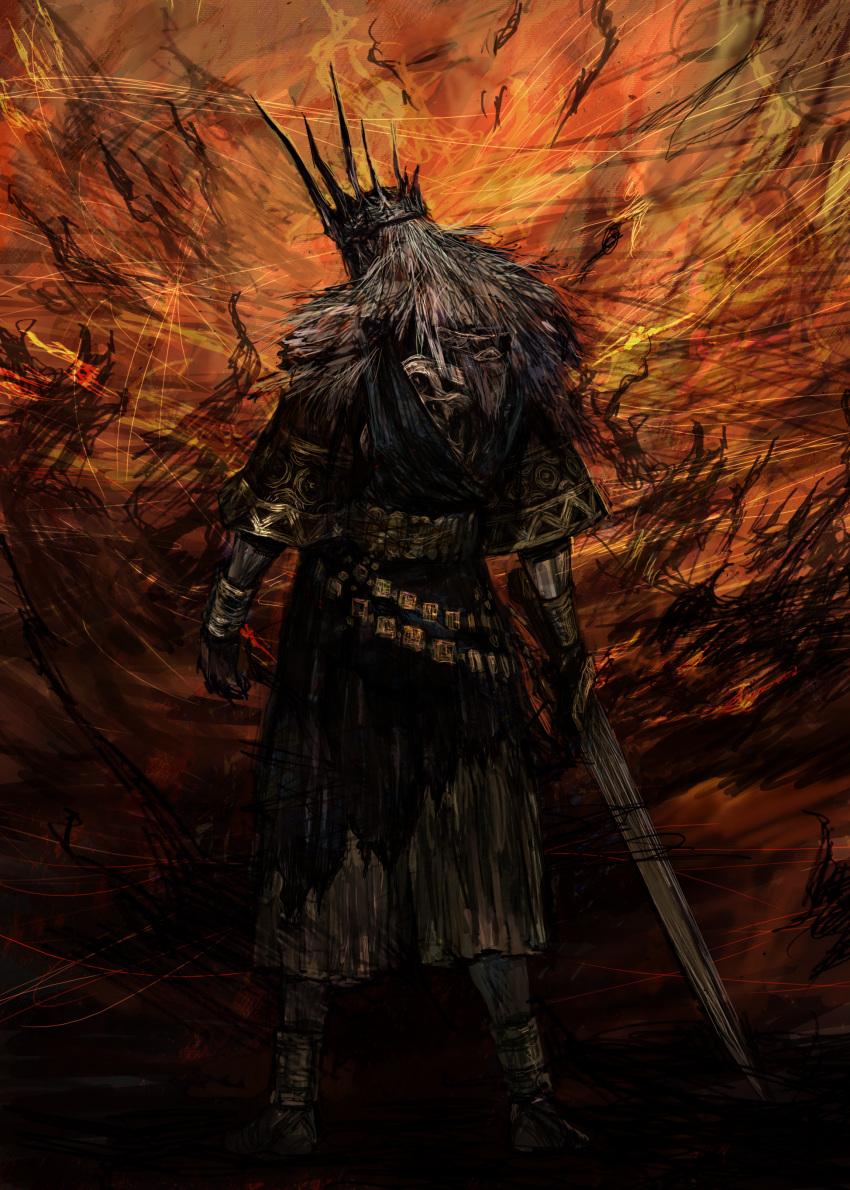 1boy absurdres anklet arms_at_sides bangle barefoot black_robe bracelet commentary_request crown dark_souls_(series) dark_souls_i facing_away from_behind full_body gold_trim grey_hair gwyn_lord_of_cinder highres holding holding_sword holding_weapon jewelry male_focus medium_hair official_style orange_background robe sash so-taro solo standing sword weapon