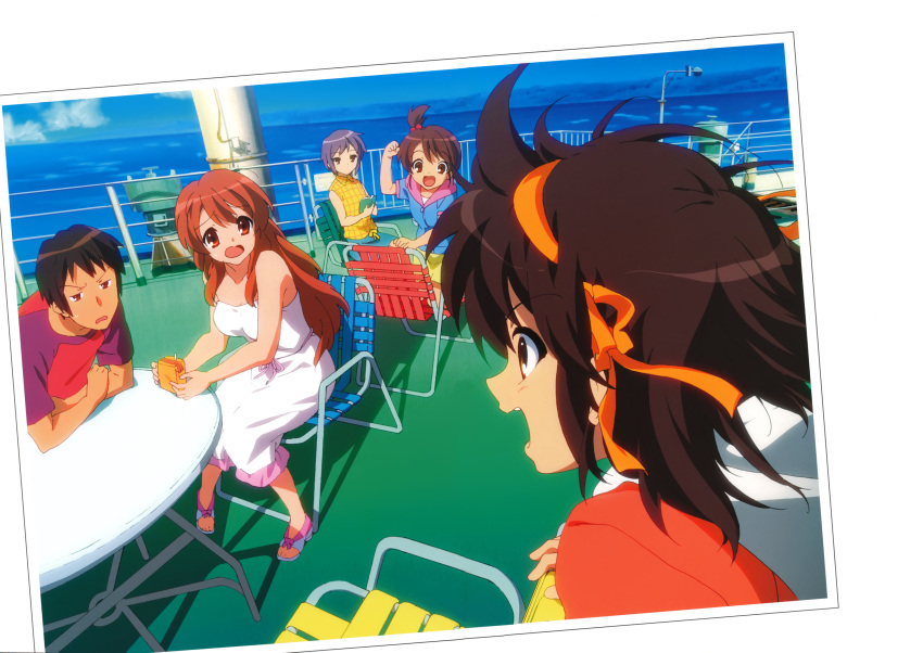 1boy 4girls absurdres asahina_mikuru casual dress highres juice_box kyon kyon_no_imouto multiple_girls nagato_yuki official_art photo_(object) suzumiya_haruhi suzumiya_haruhi_no_yuuutsu table