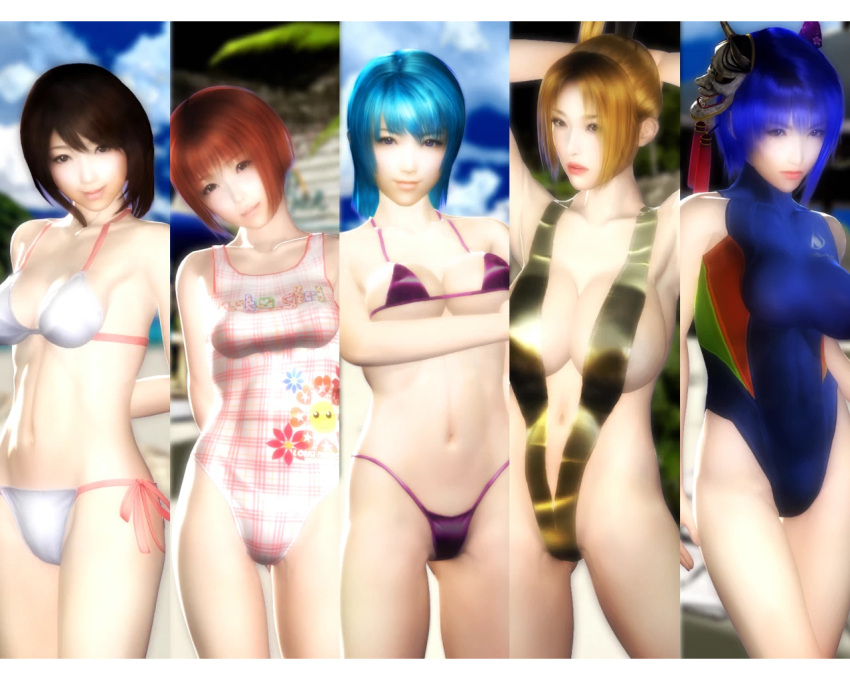 5_girls 5girls armpits arms_up bael bael_altarus bikini blue_hair breasts brown_hair character_request cloud hair_ornament lipstick looking_at_viewer makeup micro_bikini multiple_girls navel one-piece_swimsuit outdoors sex_beach sex_beach_zero sexy_beach sexy_beach_zero short_hair side-tie_bikini sky standing swimsuit thigh_gap