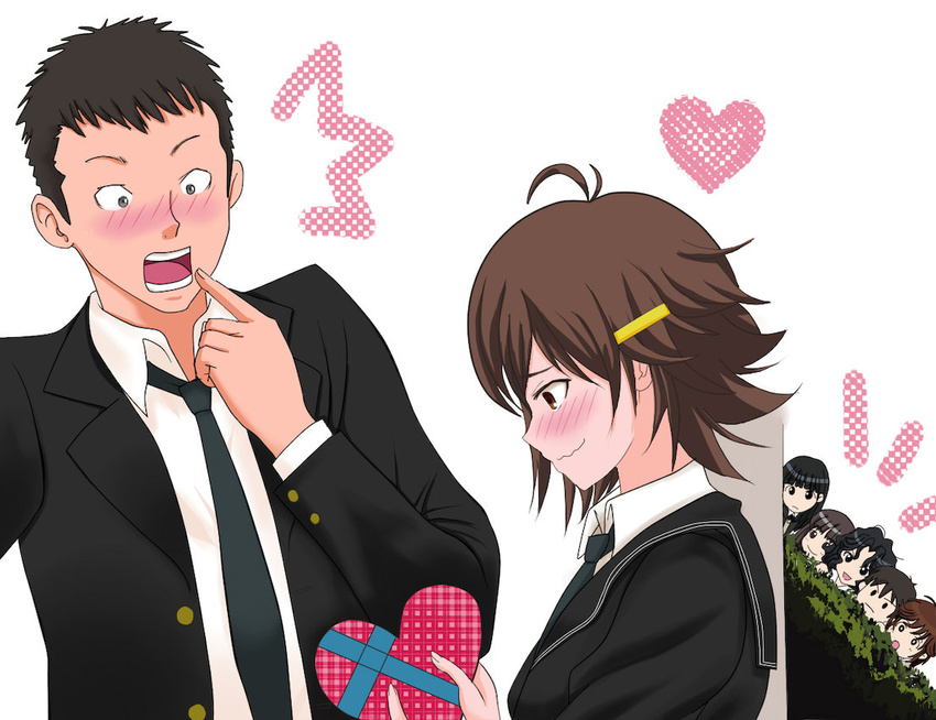 1boy 6+girls ahoge amagami ayatsuji_tsukasa blush box brown_hair commentary_request hair_ornament hairclip heart-shaped_box itou_kanae_(amagami) kibito_high_school_uniform long_sleeves multiple_girls peeping sakurai_rihoko school_uniform short_hair surprised tachibana_jun'ichi takemi_kaoru tanaka_keiko_(amagami) tanamachi_kaoru umehara_masayoshi valentine wavy_mouth