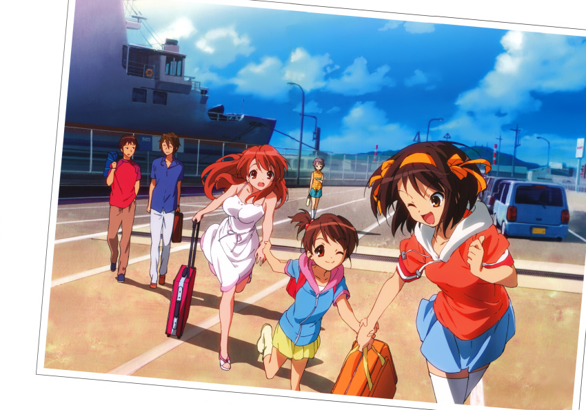 2boys 4girls ;d absurdres asahina_mikuru bag casual dragging dress highres koizumi_itsuki kyon kyon_no_imouto luggage multiple_boys multiple_girls nagato_yuki official_art one_eye_closed open_mouth photo_(object) ship smile suzumiya_haruhi suzumiya_haruhi_no_yuuutsu wink