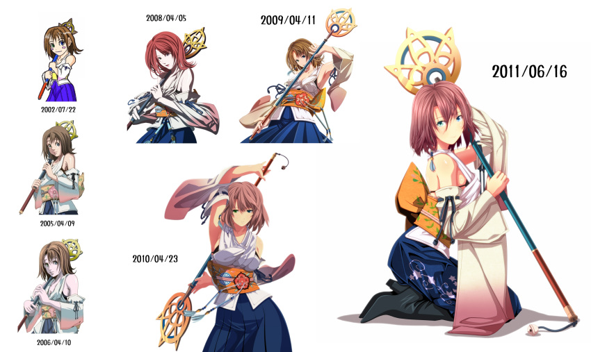 artist_progress before_and_after blue_eyes boots brown_hair commentary_request detached_sleeves female final_fantasy final_fantasy_x green_eyes hakama hakama_skirt heterochromia highres holding holding_wand japanese_clothes obi print_hakama redrawn sash short_hair skirt staff staff_(ff10) tsukumo_(soar99) wand yuna_(ff10)