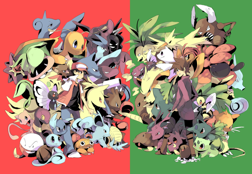 arcanine articuno artist_request baseball_cap beedrill black_hair brown_hair bulbasaur butterfree cloyster dewgong diglett dragonite ekans electrode exeggutor gen_1_pokemon green grin hat highres hitmonchan hitmonlee ivysaur kabuto_(pokemon) lapras legendary_pokemon mew muk multiple_boys nidorina nidorino ninetales object_namesake omanyte ookido_green paras pidgeotto pinsir pokemon pokemon_(creature) pokemon_(game) pokemon_rgby raticate red red_(pokemon) red_(pokemon_rgby) seadra smile spearow squirtle starmie venonat venusaur victreebel vileplume wartortle weezing zapdos